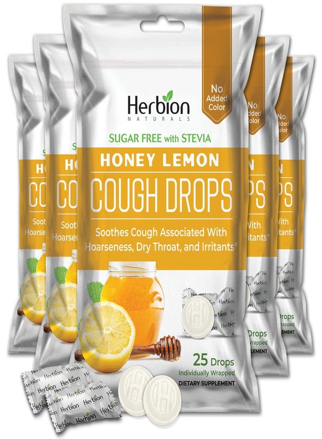 HERBION Naturals Cough Drops, Sugar-Free with Stevia, Dietary Supplement, Soothes Cough, for Adults & Children Over 6 Years, 125 Drops, Honey Lemon, Pack of 5 - Image 1